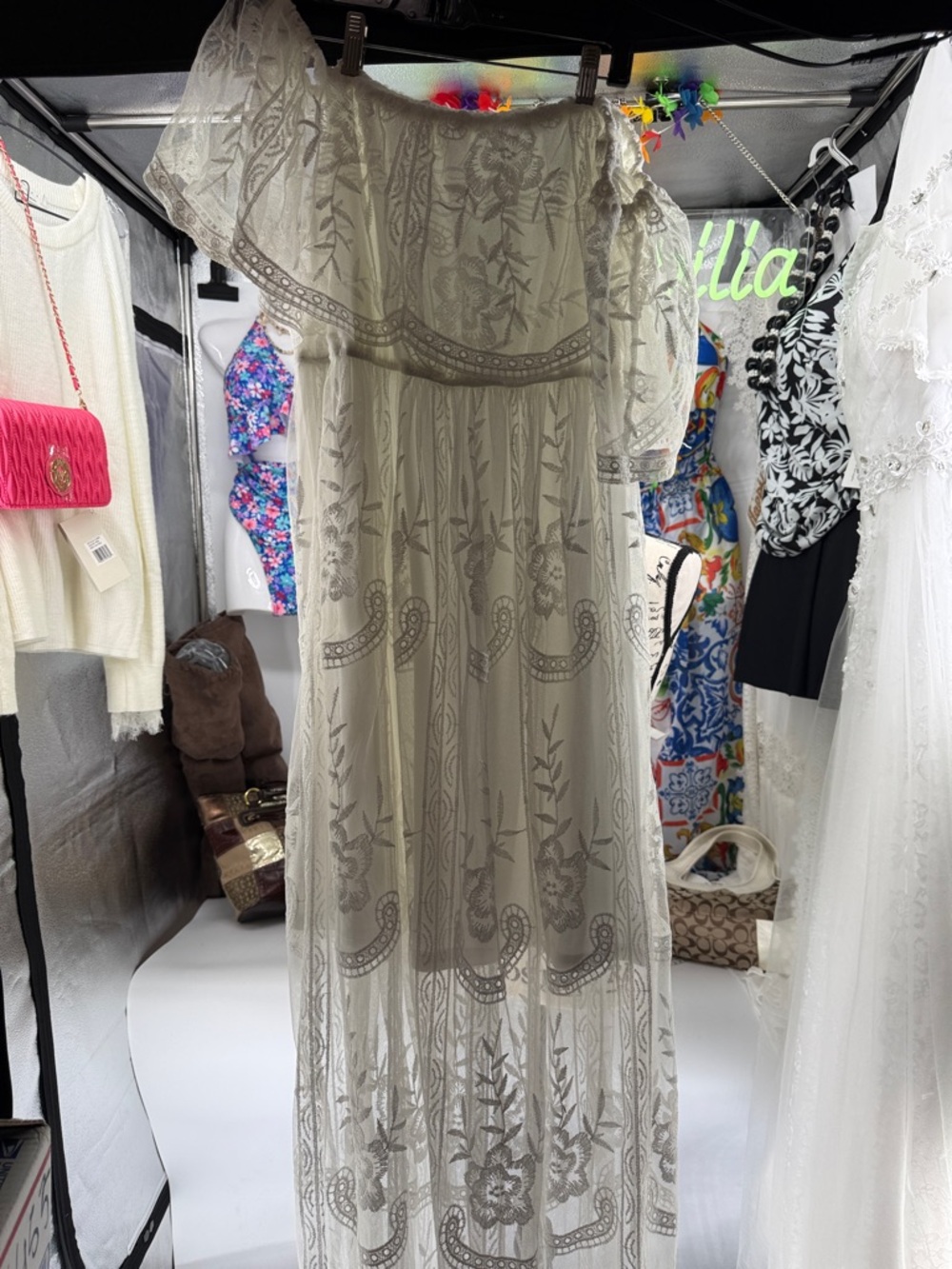 Boho Embroidered Off-Shoulder Maxi Dress in Cream white Large